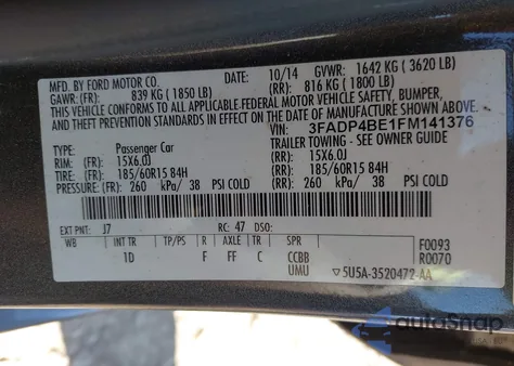 2015 Ford Fiesta Se из США, поврежденный, VIN 3FADP4BE1FM141376